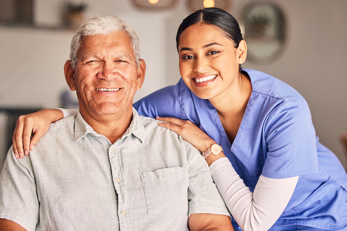 PACS-300x200-woundcare Happy woman, nurse and portrait of senior man with support, medical service and helping patient in retirement. Face of caregiver, elderly person and smile for trust, healthcare and nursing home